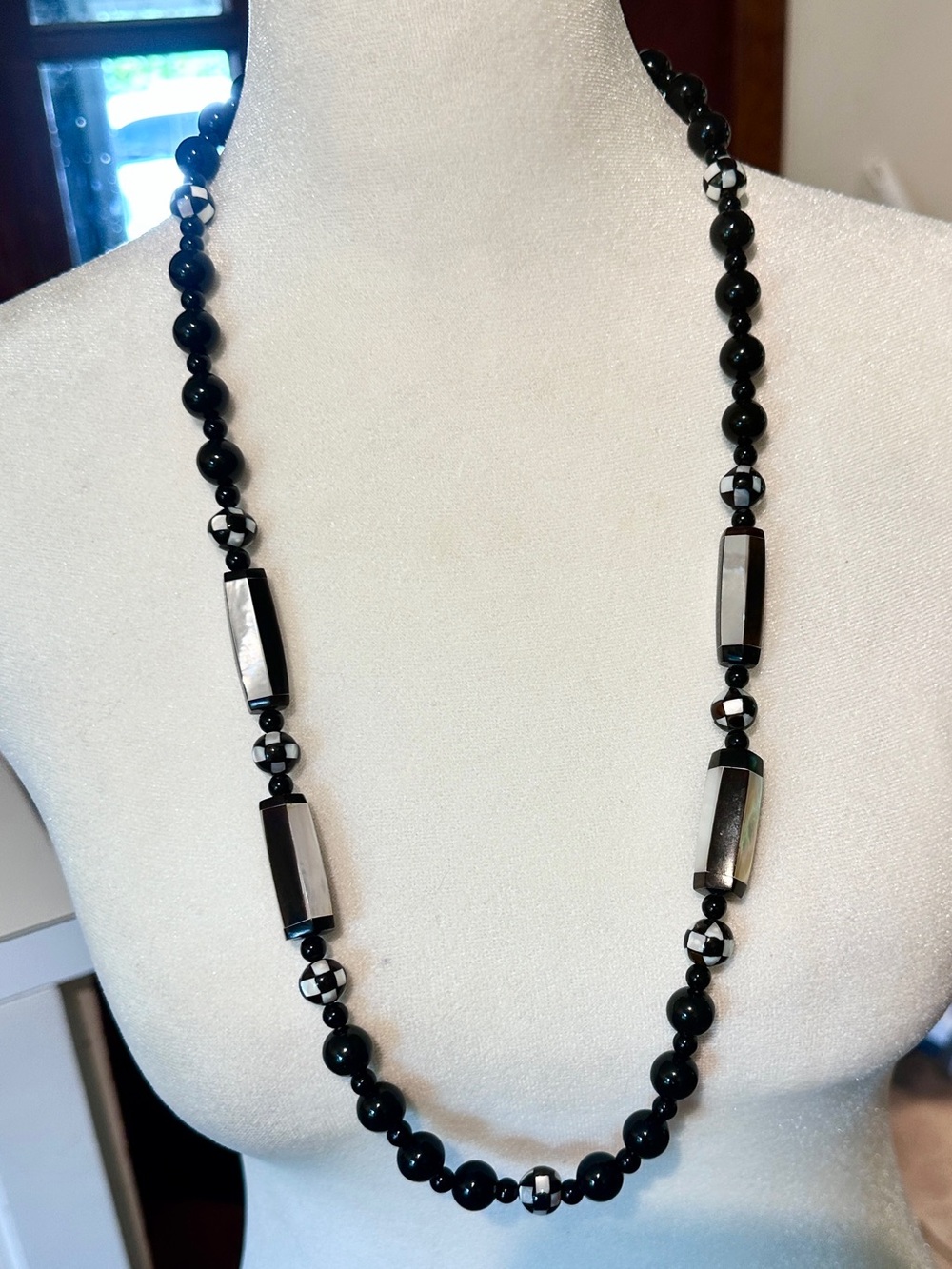 Black Beaded Long Necklace with Abalone Accents